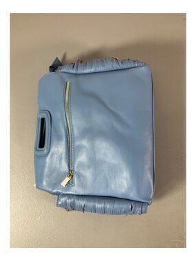 ah·dorned Denim Blue Faux Leather Fringe Handbag with Removable Straps